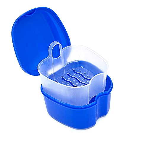 Genco Dental Denture Case, Denture Box with Strainer, Night Cleaner Denture Bath Box for Retainer, Mouthguard, False Teeth, and Denture Cleaning (Blue)