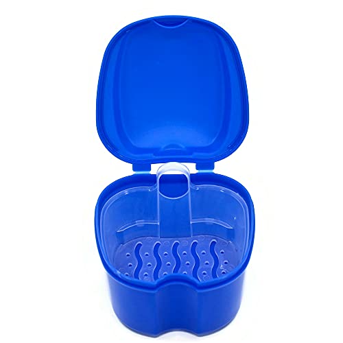 Genco Dental Denture Case, Denture Box with Strainer, Night Cleaner Denture Bath Box for Retainer, Mouthguard, False Teeth, and Denture Cleaning (Blue)