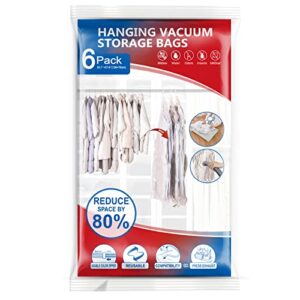 hanging vacuum storage bags, 6 pack large hanging space saver bags, hanging storage bags for clothes, clothes storage bags vacuum sealed for suits, dress, jackets, closet organizer for moving supplies(53.1x27.6 in)