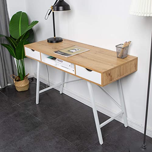 soges Computer Desk with 2 Drawer,47 inch White Home Dressing Table,Home Office Desk, Writing Workstation,Laptop Table,White Oak