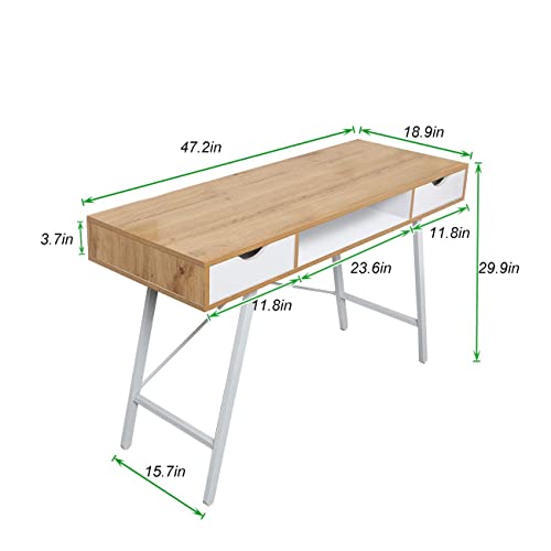 soges Computer Desk with 2 Drawer,47 inch White Home Dressing Table,Home Office Desk, Writing Workstation,Laptop Table,White Oak