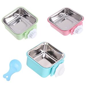 crate dog bowl, removable stainless steel water food feeder bowls hanging pet cage bowl cage coop cup for dogs cats puppy rabbits bird and small pets (samll (pack of 3), square (blue+green+pink))