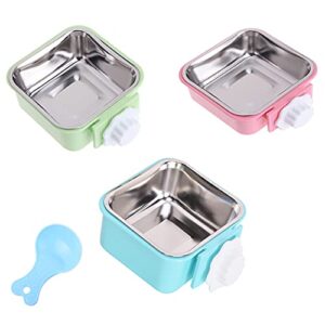 Crate Dog Bowl, Removable Stainless Steel Water Food Feeder Bowls Hanging Pet Cage Bowl Cage Coop Cup for Dogs Cats Puppy Rabbits Bird and Small Pets (Samll (Pack of 3), Square (Blue+Green+Pink))