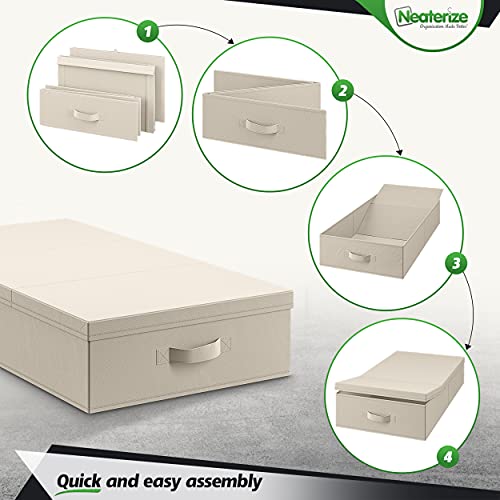 NEATERIZE Storage Box, Under Bed Storage Bins With Lids, Set of 2, Long Flat Stackable Underbed Containers For Organizing Clothing, Shoes, toys, Blankets, and Linen. Garage Boxes, Large, Beige