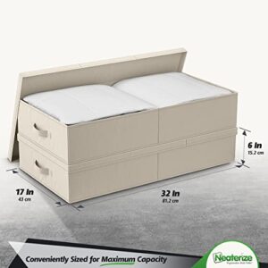 NEATERIZE Storage Box, Under Bed Storage Bins With Lids, Set of 2, Long Flat Stackable Underbed Containers For Organizing Clothing, Shoes, toys, Blankets, and Linen. Garage Boxes, Large, Beige