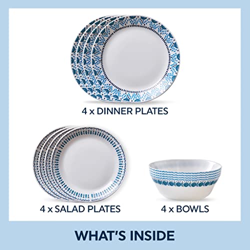 Corelle Everyday Expressions 12-Pc Dinnerware Set, Service for 4, Durable and Eco-Friendly, Higher Rim Glass Plate & Bowl Set, Microwave and Dishwasher Safe, Azure Medallion