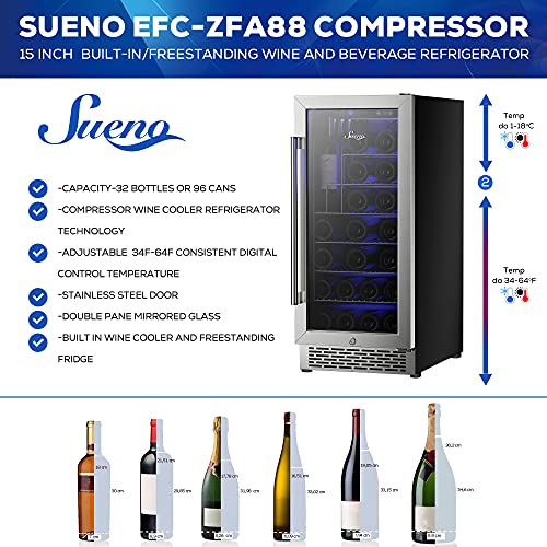 SUENO 15 Inch Built-In/Freestanding 32 Bottles or 96 Cans Wine Cellar And Beverage Fridge Smart Control Stainless Steel Mirror Glass Door W/Lock EFC-ZFA88 Compressor Wine Cooler Refrigerator