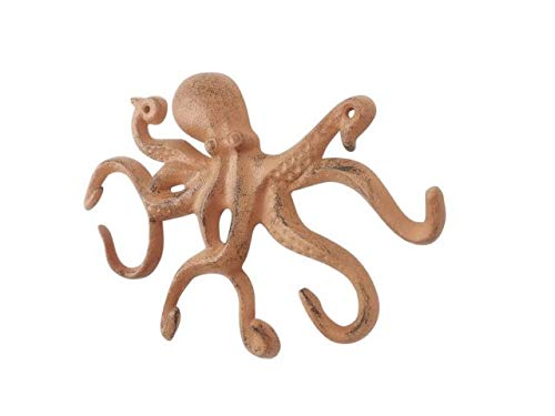 HANDCRAFTED NAUTICAL DÉCOR Rustic Orange Cast Iron Octopus Hook 11"