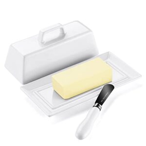 yedio porcelain butter dish set with lid and knife，butter holder with handle, perfect for east and west coast butter, dishwasher safe, white