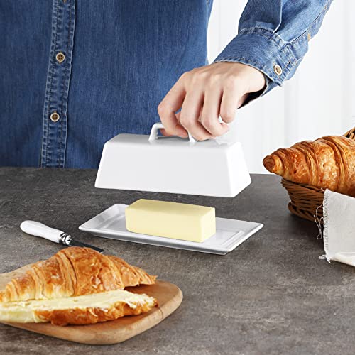 Yedio Porcelain Butter Dish Set with Lid and Knife，Butter Holder with Handle, Perfect for East and West Coast Butter, Dishwasher Safe, White