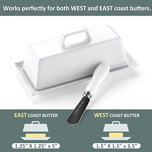 Yedio Porcelain Butter Dish Set with Lid and Knife，Butter Holder with Handle, Perfect for East and West Coast Butter, Dishwasher Safe, White