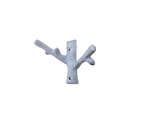 Handcrafted Nautical Decor Whitewashed Cast Iron Forked Tree Branch Decorative Metal Double Wall Hooks 5"