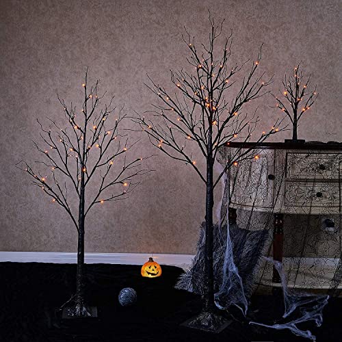 LITBLOOM Lighted Spooky Halloween Tree with Timer Battery Operated or USB Plug in, Pre-lit Black Glittered Tabletop Tree with Orange Lights 24L 18IN for Halloween Home Party Decoration Indoor