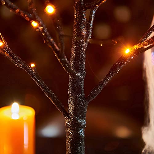 LITBLOOM Lighted Spooky Halloween Tree with Timer Battery Operated or USB Plug in, Pre-lit Black Glittered Tabletop Tree with Orange Lights 24L 18IN for Halloween Home Party Decoration Indoor