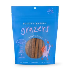 bocce’s bakery grazers dog treats, wheat-free jerky sticks for dogs, made with limited-ingredients, baked in the usa with no added salt or sugar, all-naural & high-protein, turkey & sweet potato, 4 oz
