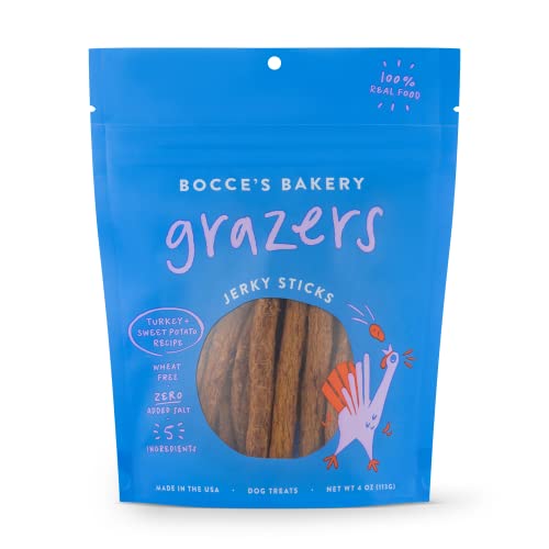 Bocce’s Bakery Grazers Dog Treats, Wheat-Free Jerky Sticks for Dogs, Made with Limited-Ingredients, Baked in The USA with No Added Salt or Sugar, All-Naural & High-Protein, Turkey & Sweet Potato, 4 oz