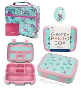 kinsho bento lunch box and matching lunch bag with ice pack set for girls, toddlers (pink aqua mermaid cats)