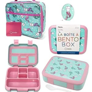 kinsho Bento Lunch Box and Matching Lunch Bag with Ice Pack Set for Girls, Toddlers (Pink Aqua Mermaid Cats)