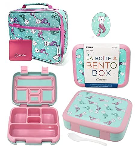 kinsho Bento Lunch Box and Matching Lunch Bag with Ice Pack Set for Girls, Toddlers (Pink Aqua Mermaid Cats)