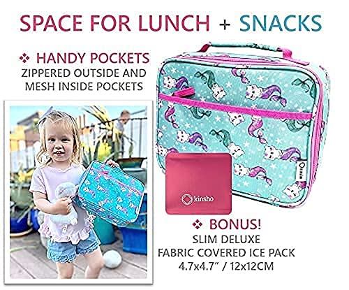 kinsho Bento Lunch Box and Matching Lunch Bag with Ice Pack Set for Girls, Toddlers (Pink Aqua Mermaid Cats)