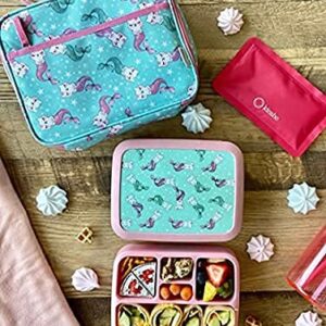 kinsho Bento Lunch Box and Matching Lunch Bag with Ice Pack Set for Girls, Toddlers (Pink Aqua Mermaid Cats)