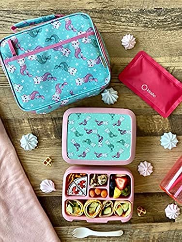 kinsho Bento Lunch Box and Matching Lunch Bag with Ice Pack Set for Girls, Toddlers (Pink Aqua Mermaid Cats)