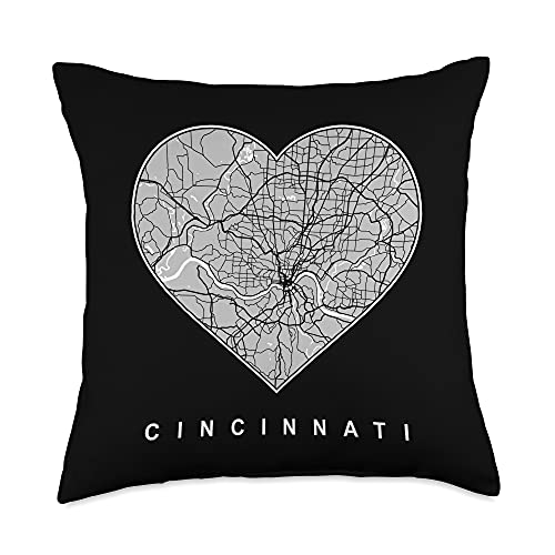 Cincinnati Ohio Gifts OH City Map, Heart Love Cincinnati Ohio Throw Pillow, 18x18, Multicolor