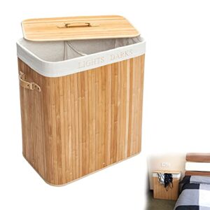 qugangku large storage laundry basket with cover, wood color damp proof bamboo double folding hamper durable portable washing bin with liner and handles