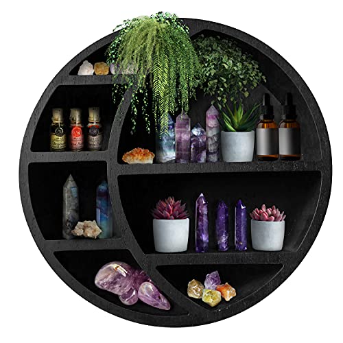 Wooden Crescent Moon Shelf Wall Decor - Decorative Boho Home Hanging Display Shelf for Bedroom, Dorm, Nursery - Easy Mount Storage for Crystals and Essential Oils - 14 x 14 x 3.5 (Black)