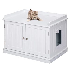 pawland cat litter box enclosure, litter box furniture hidden, indoor cat toilet house for pet cat, cat house side table with vent holes, white