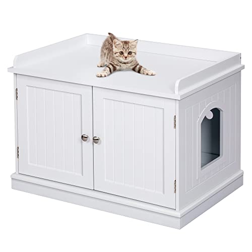 PAWLAND Cat Litter Box Enclosure, Litter Box Furniture Hidden, Indoor Cat Toilet House for Pet Cat, Cat House Side Table with Vent Holes, White