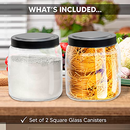 Kitchen Storage Jars Set of 2 – 68Oz Square Glass Canisters with Lids – Durable Canister Sets for Kitchen Counter – Non-BPA Glass – Multipurpose and Versatile Pantry Containers