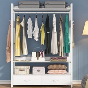 tribesigns freestanding clothes rack shelves, closet organizer with shelves drawers and hooks, heavy duty garment clothing wardrobe storage shelving with hanging rod (white)