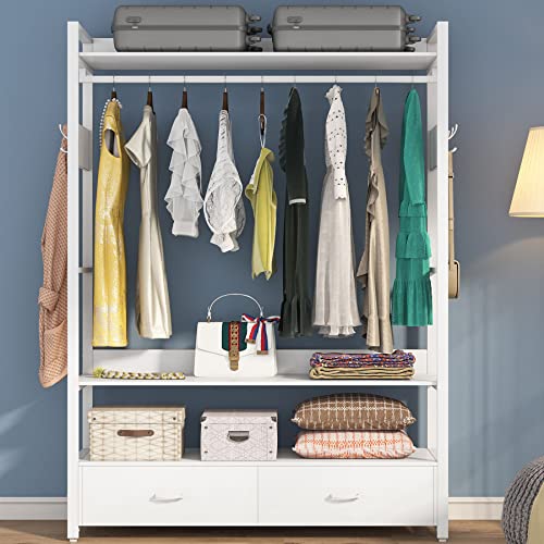 Tribesigns Freestanding Clothes Rack Shelves, Closet Organizer with Shelves Drawers and Hooks, Heavy Duty Garment Clothing Wardrobe Storage Shelving with Hanging Rod (White)