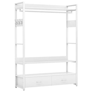 Tribesigns Freestanding Clothes Rack Shelves, Closet Organizer with Shelves Drawers and Hooks, Heavy Duty Garment Clothing Wardrobe Storage Shelving with Hanging Rod (White)