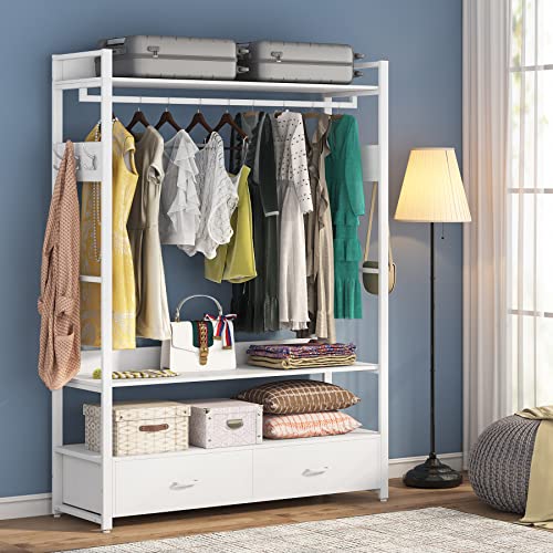 Tribesigns Freestanding Clothes Rack Shelves, Closet Organizer with Shelves Drawers and Hooks, Heavy Duty Garment Clothing Wardrobe Storage Shelving with Hanging Rod (White)