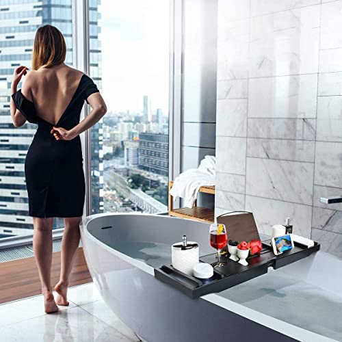 Luxury Bamboo Bathtub Caddy Tray, Yongsenina Premium 1 or 2 Person Bath Tray for Tub, Bath Tub Table with Wine Slots and Bath Book Holder Free Soap Dish - Black