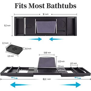 Luxury Bamboo Bathtub Caddy Tray, Yongsenina Premium 1 or 2 Person Bath Tray for Tub, Bath Tub Table with Wine Slots and Bath Book Holder Free Soap Dish - Black