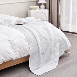phf 100% cotton waffle weave throw blanket 50" x 60"-lightweight washed soft breathable blanket for adults and kids-perfect blanket layer for couch bed sofa-elegant home decoration- white