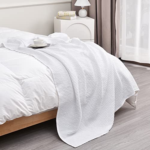 PHF 100% Cotton Waffle Weave Throw Blanket 50" x 60"-Lightweight Washed Soft Breathable Blanket for Adults and Kids-Perfect Blanket Layer for Couch Bed Sofa-Elegant Home Decoration- White