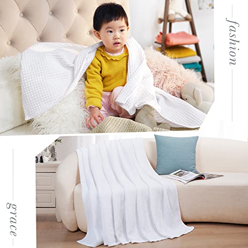 PHF 100% Cotton Waffle Weave Throw Blanket 50" x 60"-Lightweight Washed Soft Breathable Blanket for Adults and Kids-Perfect Blanket Layer for Couch Bed Sofa-Elegant Home Decoration- White