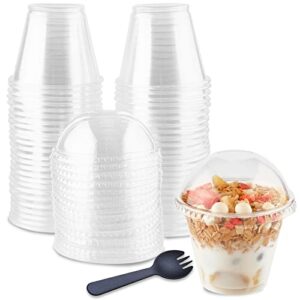 toflen 50sets 9 oz clear plastic parfait cups with dome lids (no hole) and sporks disposable party serving cups for desserts, yogurt parfait, fruit, ice cream, no leaking to-go breakfast snack cups