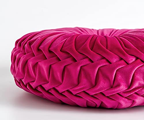 Cassiel Home 14.5” Velvet Round Pinktuck Pillow Hot Pink Spring and Summer Home Decor Handcraft Pleated Round Pillow Decorative Wedding Decoration Farmhouse Boho Accent Throw Pillow for Couch Bed Sofa