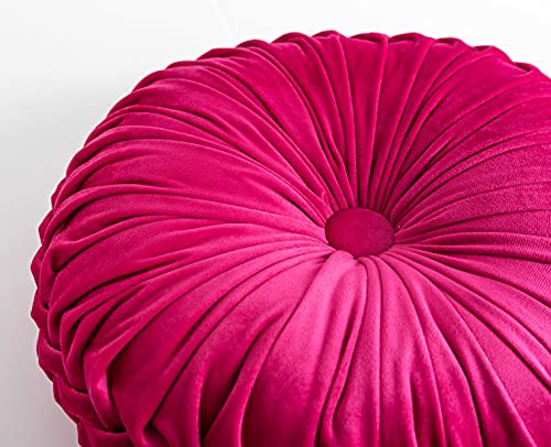 Cassiel Home 14.5” Velvet Round Pinktuck Pillow Hot Pink Spring and Summer Home Decor Handcraft Pleated Round Pillow Decorative Wedding Decoration Farmhouse Boho Accent Throw Pillow for Couch Bed Sofa