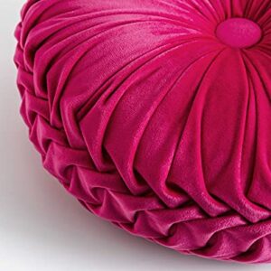 Cassiel Home 14.5” Velvet Round Pinktuck Pillow Hot Pink Spring and Summer Home Decor Handcraft Pleated Round Pillow Decorative Wedding Decoration Farmhouse Boho Accent Throw Pillow for Couch Bed Sofa