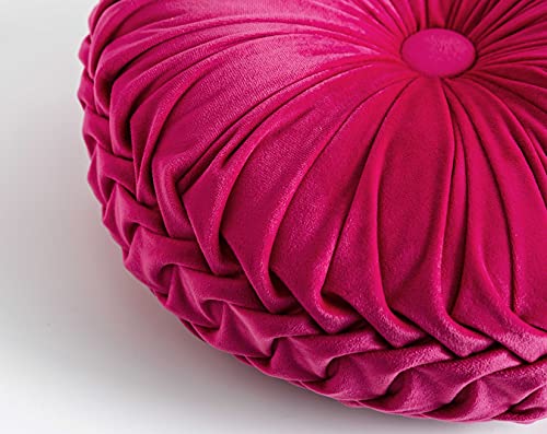 Cassiel Home 14.5” Velvet Round Pinktuck Pillow Hot Pink Spring and Summer Home Decor Handcraft Pleated Round Pillow Decorative Wedding Decoration Farmhouse Boho Accent Throw Pillow for Couch Bed Sofa