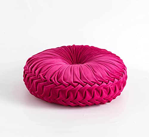 Cassiel Home 14.5” Velvet Round Pinktuck Pillow Hot Pink Spring and Summer Home Decor Handcraft Pleated Round Pillow Decorative Wedding Decoration Farmhouse Boho Accent Throw Pillow for Couch Bed Sofa