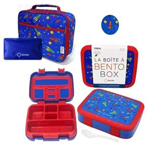 kinsho bento lunch box and matching lunch bag with ice pack set for kids, toddlers (blue red rockets)