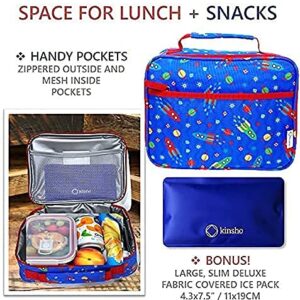 kinsho Bento Lunch Box and Matching Lunch Bag with Ice Pack Set for Kids, Toddlers (Blue Red Rockets)