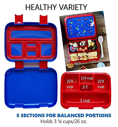 kinsho Bento Lunch Box and Matching Lunch Bag with Ice Pack Set for Kids, Toddlers (Blue Red Rockets)